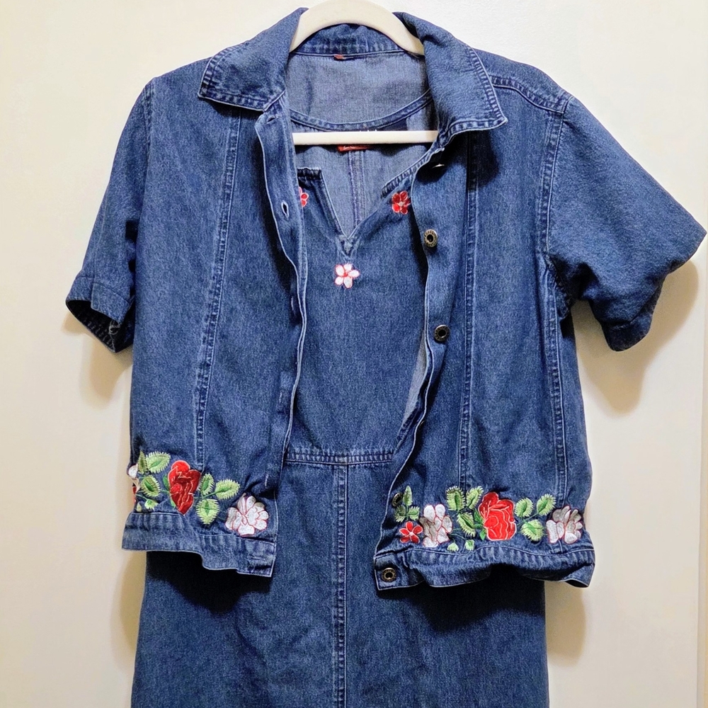 Vintage Agapo Denim floral and leaves maxi dress and button down combo size MP